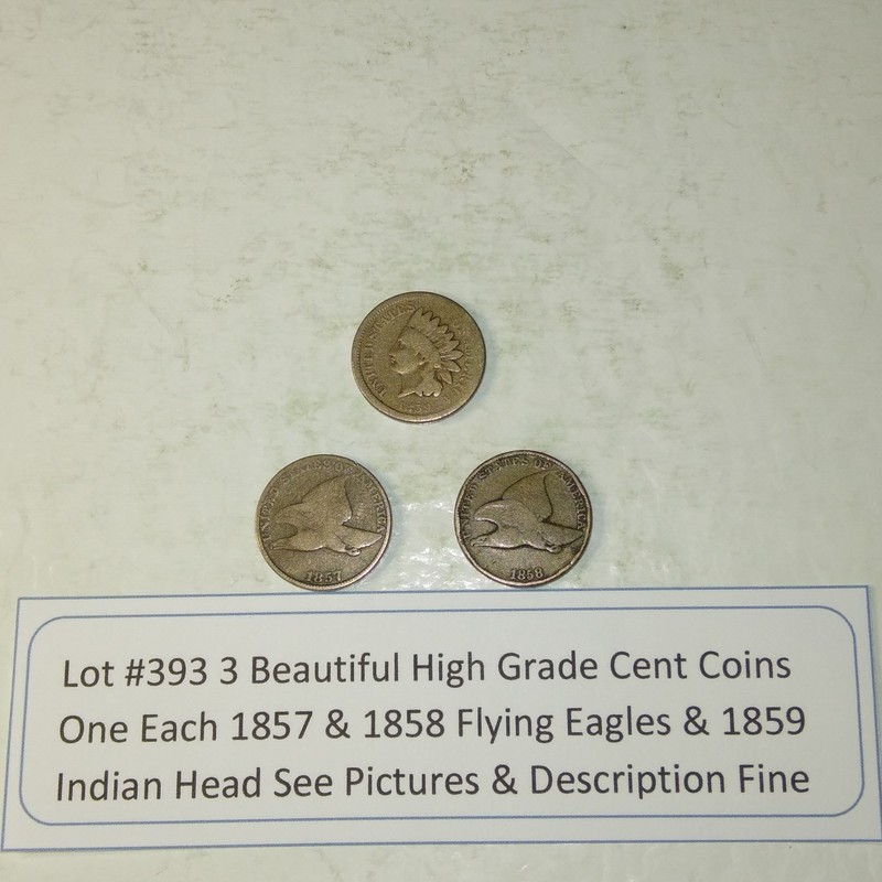 Lot #393 3 Penny Coins 1857-1858 Flying Eagles 1859 Indian Head F See Pictures