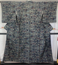 Japanese Vintage Kimono Silk Gray Tumugi Traditional Authentic Length 58 in