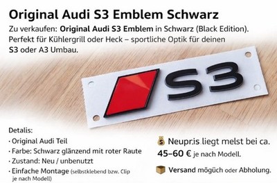 Genuine Audi S3 lettering black tuning exclusive black edition emblem 8Y0853740B