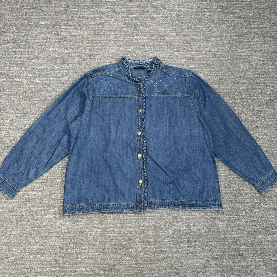 复古 Krazy Cat 衬衫女式 2X 蓝色牛仔荷叶边亮片闪亮西部 Y2K — 第 2/4 张图片