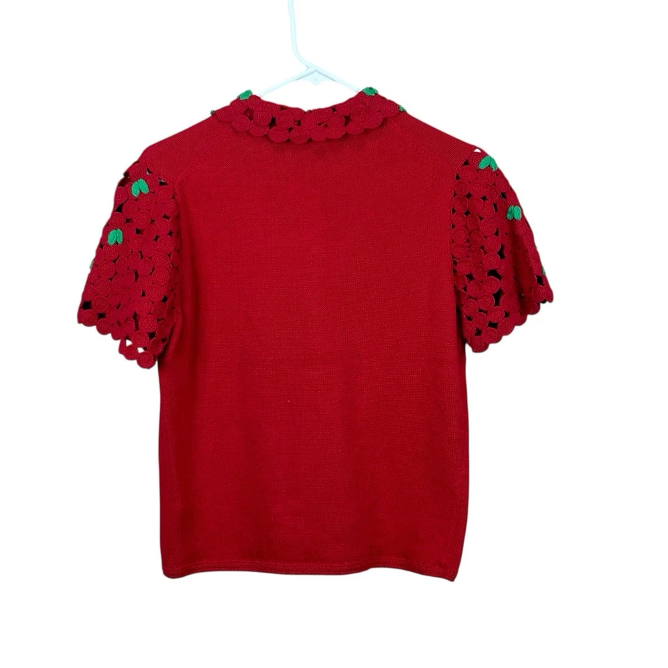Cárdigan vintage Michael Simon para mujer pequeño S rojo roseta flores crochet Foto 2 de 4