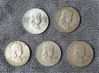 Lot of 5 circulated Franklin Half Dollars - 1958d, 1961d, 1962d, 1962d, 1963d