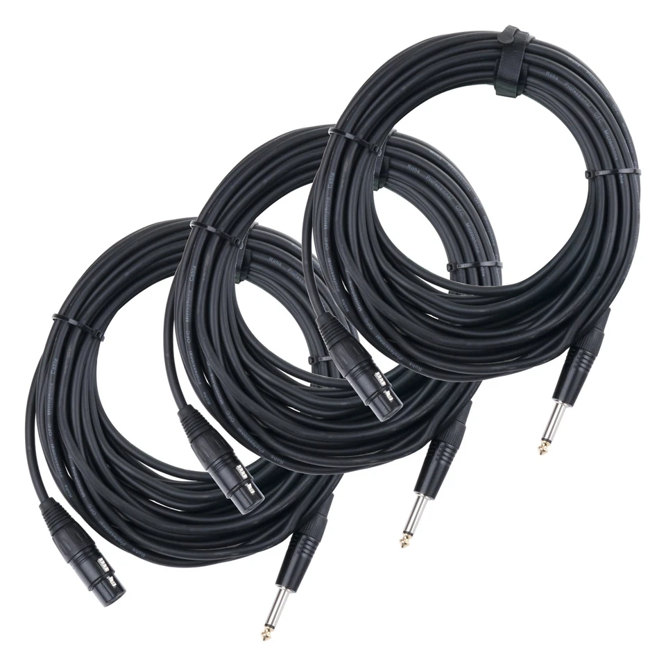 3x Set Femelle XLR vers Jack 6,3mm 1/4'' Microphone Câble Audio Signal Noir 10m - Photo 1/4