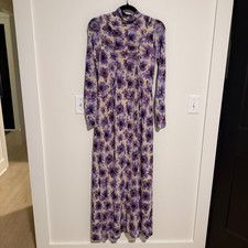 Ulla Johnson Purple Floral Ruched Mock Neck Maxi Dress Long Sleeve Rayon Small