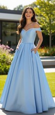 Blue Pleated Off Shoulder Ball Gown With Pockets Size 8 Formal Holiday Dress