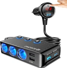 Cigarette Lighter Adapter, 222W 3 Socket Car Plug USB Black 