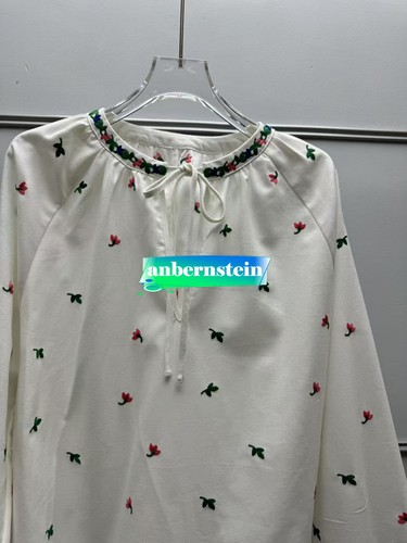 Camisa Sezane Floral Bordado Suelto Top Cordón Borla Cuello Redondo Manga Burbuja - Imagen 12 de 12