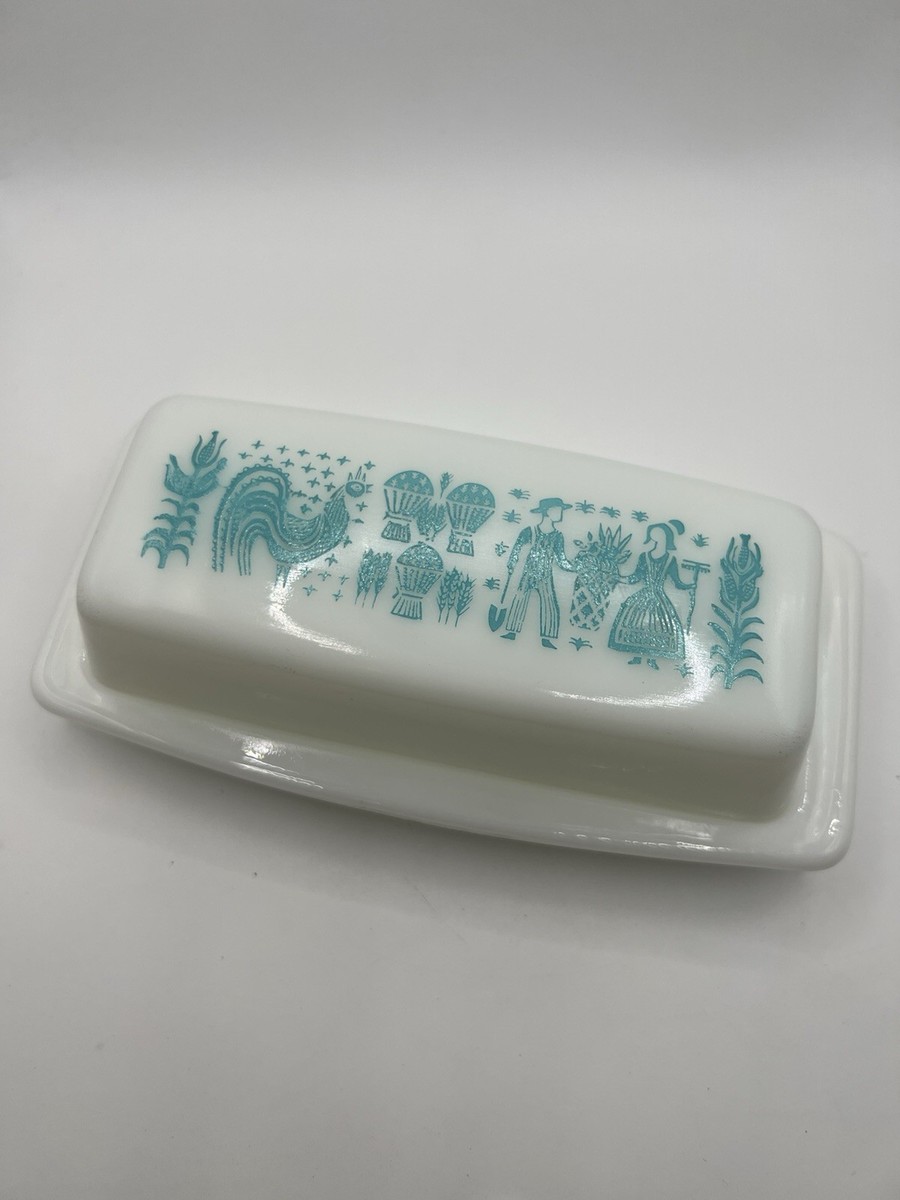 Vintage Pyrex Amish Butterprint Butter Dish Turquoise White Blue