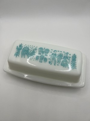 Vintage Pyrex Amish Butterprint Butter Dish Turquoise White Blue