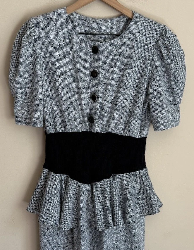 Vestido Peplum Vintage Años 80 90 Tejido Mujer Talla Mediana 8 10 Midi Botón De Colección Foto 3 de 4