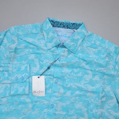 Robert Graham Poseidon Linen Blend Button Up Shirt Paisley Turquoise Size 2XL