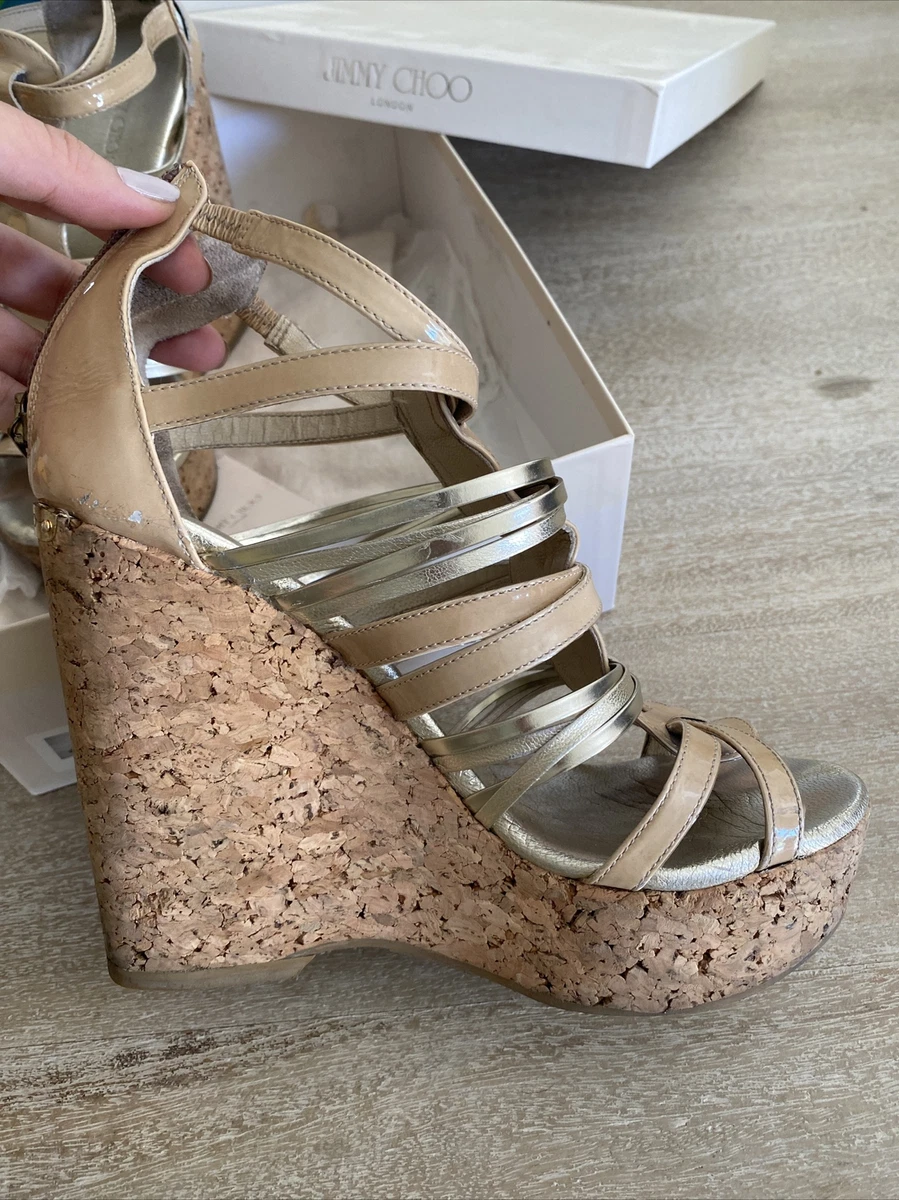 Auth Jimmy Choo Nude Pekabo wedge mirror sandal Size 39.5