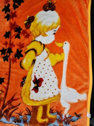 VTG Orange Little Girl Goose Duck Pond Leaf Microplush Throw Blanket 40x60 - Picture 11 of 16