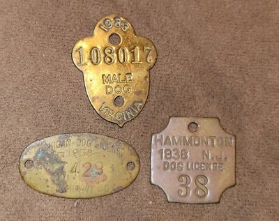 Antique Vintage 30's MI VA NJ State Dog Tax License Tag Bronze Metal