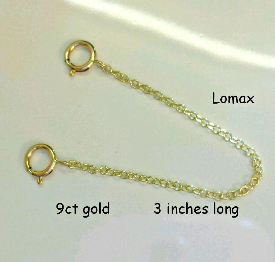 9 ct Gold Necklace or bracelet extender safety chain two 6 mm Clasps
