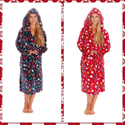 Ladies  New Christmas Super Soft Bathrobe Fleece Novelty Xmas Size S-XL
