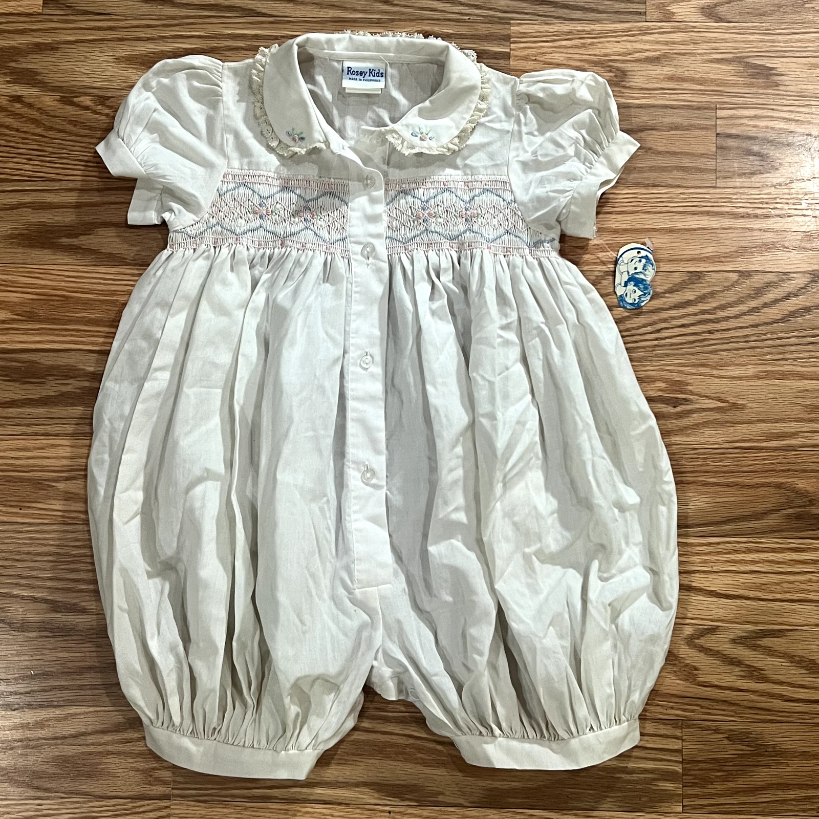 Vintage Romper Girl 24M Rosey Kids Smocked Embroidered Balloon Baby Outfit NOS
