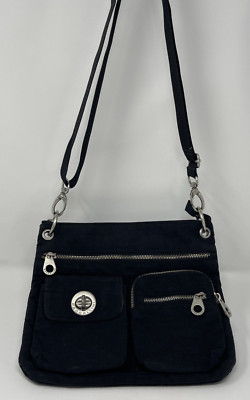 Baggallini Tulum Black Canvas Multi Pocket Compartment Crossbody Bag EUC
