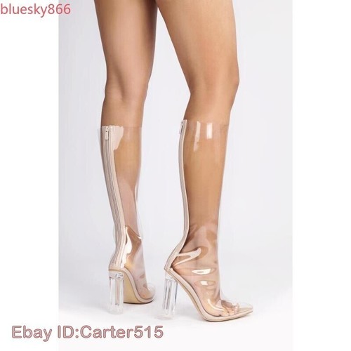 Women transparent High Heels Party Shoes PVC Pointed Toe Knee High Clear Boots - Picture 21 of 27