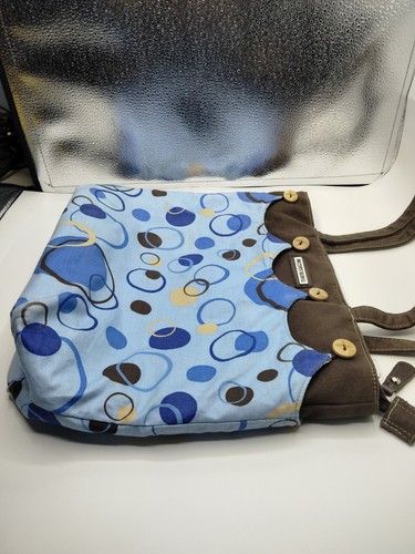 Longaberger Tote Handbag Light Blue Brown Beige Circle Pattern Wood Buttons - Picture 9 of 11