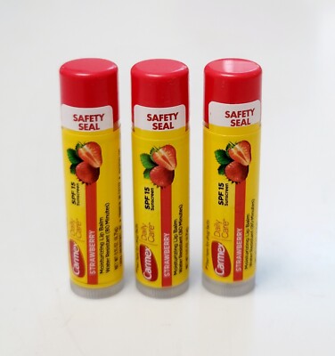 3 CARMEX Strawberry LIP BALM Moisturizing Chapped Therapy SPF15 SUNSCREEN .15OZ