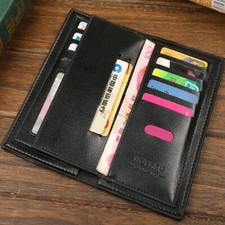 Long Black Leather Wallet for Men Slim Purse ID Card Holder Clutch Bifold Wallet