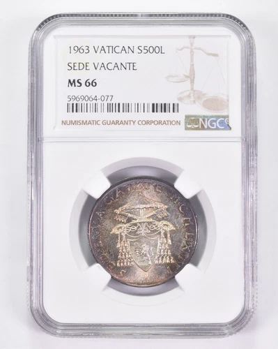 MS66 1963 Vatican 500 Lire Silver - Sede Vacante - Graded NGC Toned! *8928