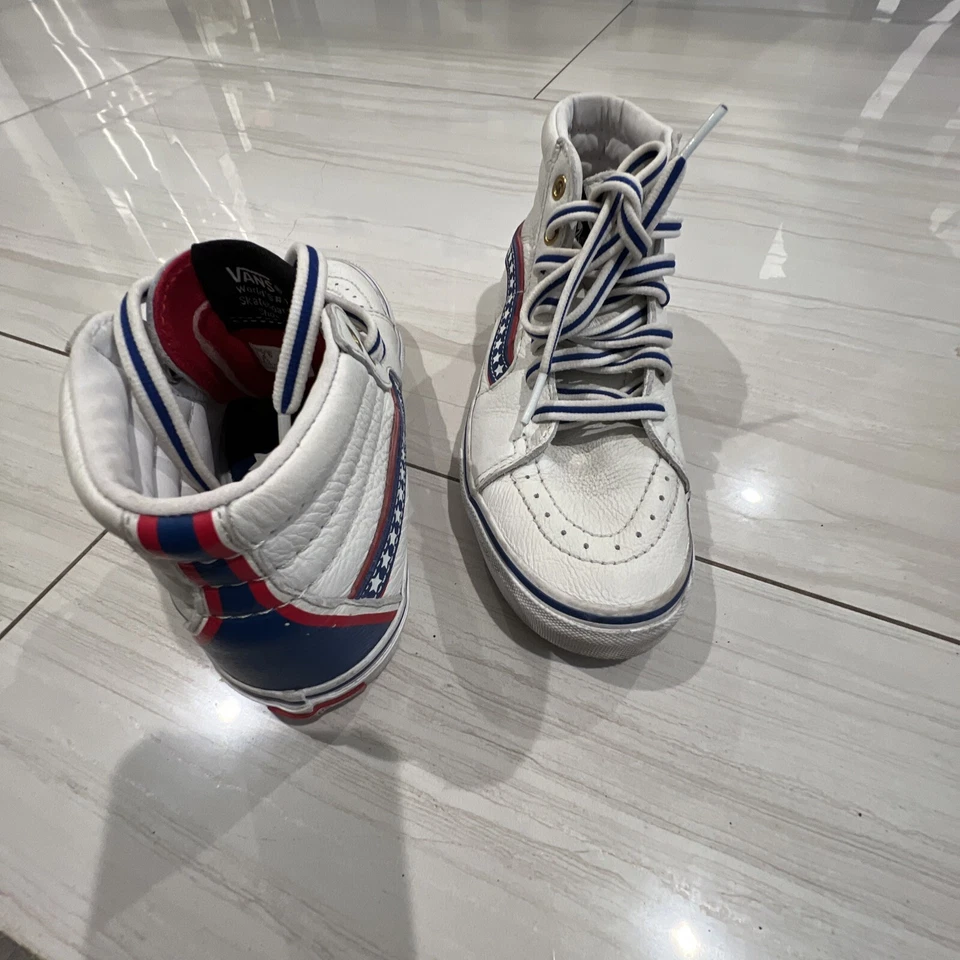 Vans SK8-HI Americana Cuero Blanco Verdadero Rojo Azul Rayas (Niños Talla 2.5) Foto 4 de 4