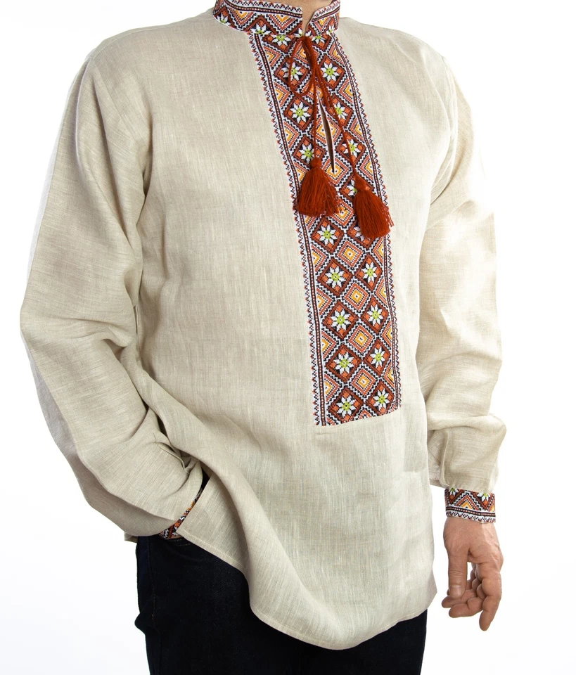 Ukrainian VYSHYVANKA for men beige orange linen hand Embroidered SHIRT Wedding - Image 2 of 4