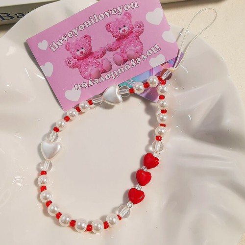 Fashion Red Heart Beaded Mobile Phone Chain Universal Phone Wrist Strap Gifts - Zdjęcie 6 z 6