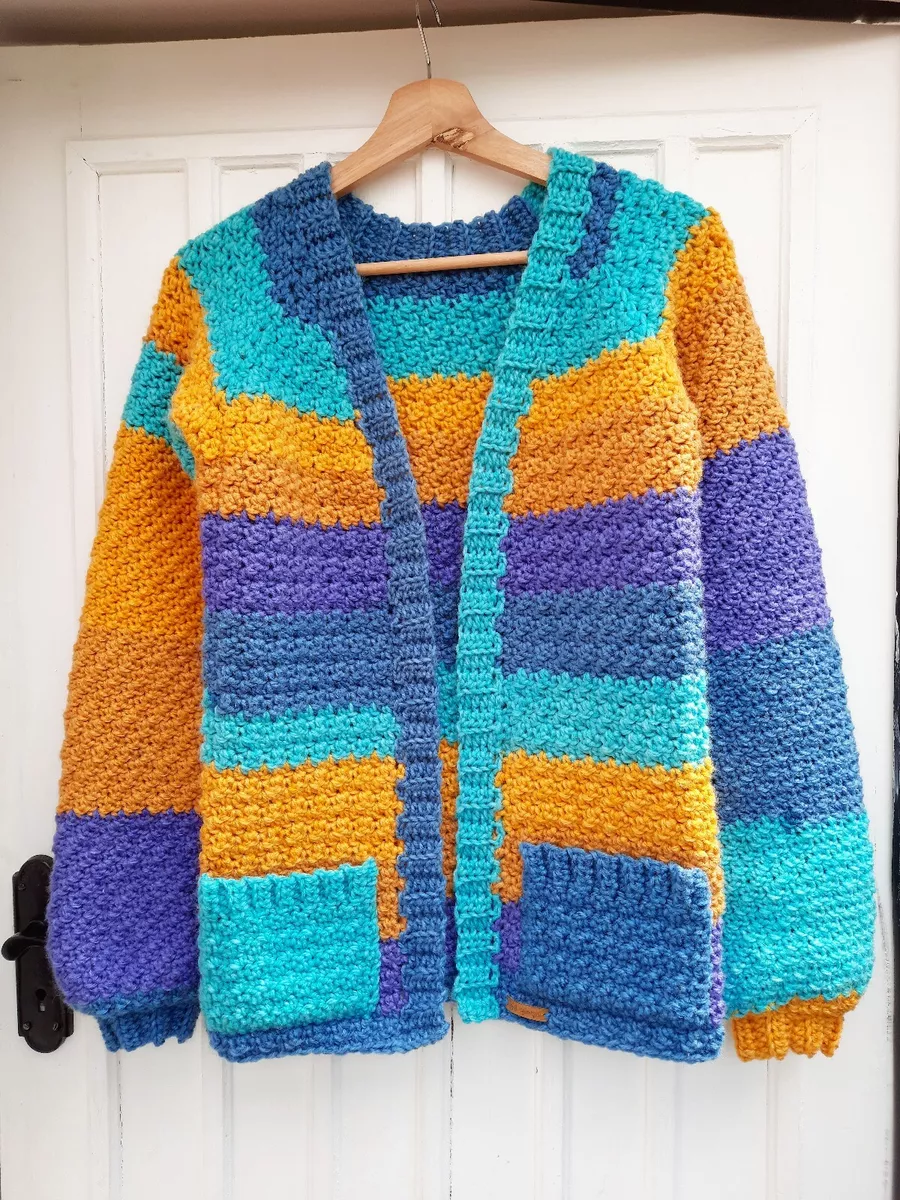 Handmade Crochet Cardigan Stripey Blue and Yellow XS Hippie Boho Chunky OOAK