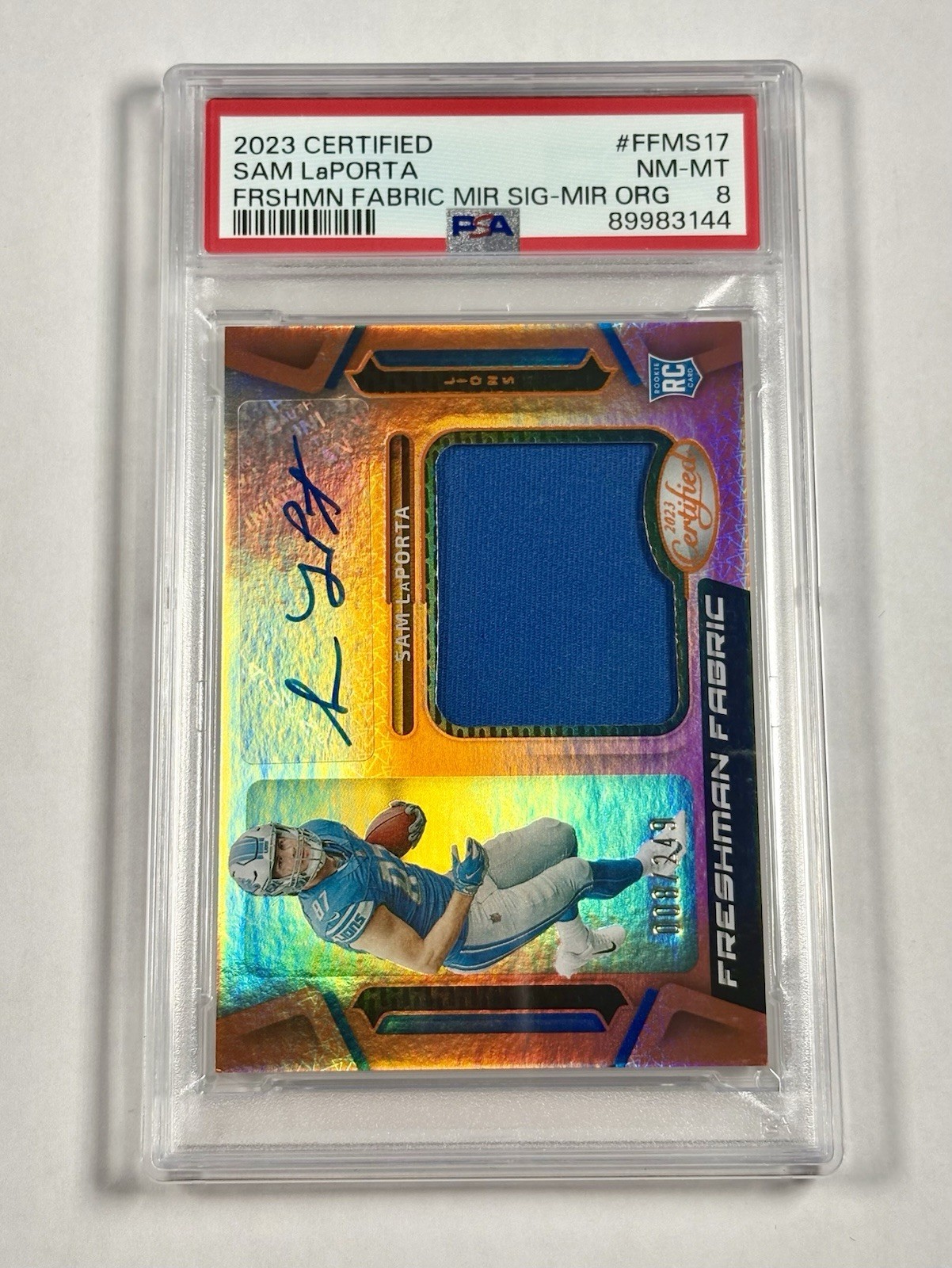 2023 Certified Sam LaPorta Freshman Fabric Mirror Signatures Orange #8/249 PSA 8