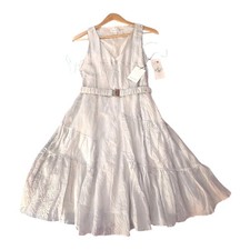 Calvin Klein Seersucker Tiered Dress Gray Striped Belted Sz 6 New