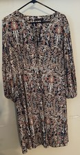 Tommy Hilfiger Navy Floral Flowy Dress Round Neck 3/4 Sleeve Tie Neck Size 14