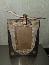 Unique Whimsical Adorable Longhorn Moo COW Cattle Picture Photo Frame. Signed