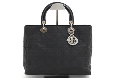 Christian Dior Lady Dior Cannage Nylon Tote Hand Bag Black Silver Charm Large