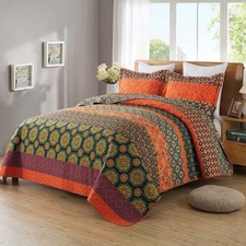 Boho Stripe Quilt Sets Floral Printed Reversible Soft Bohemian Bedding Set with