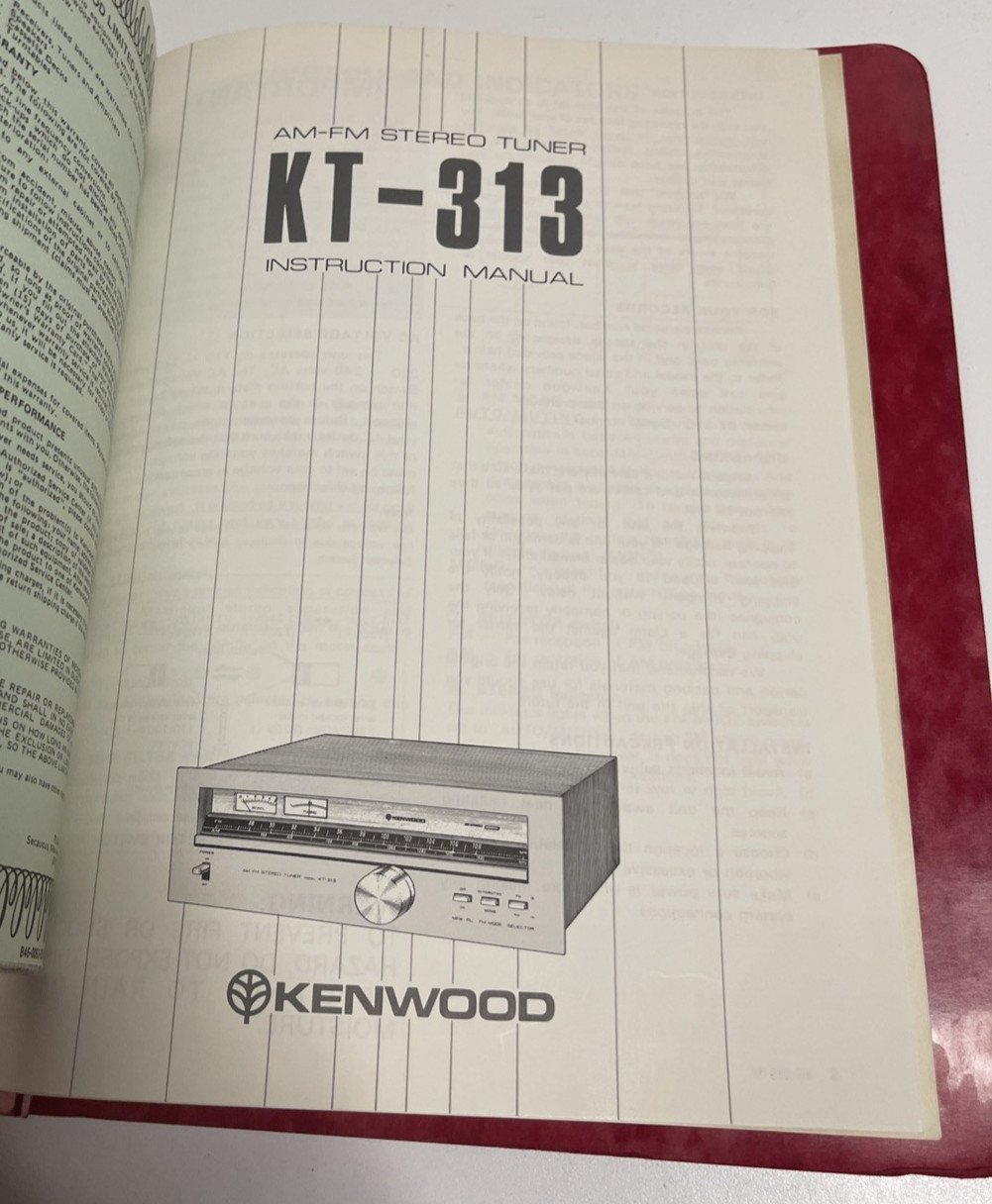 Vintage Kenwood KT-313 AM/FM Stereo Tuner Original Instruction Manual & Warranty