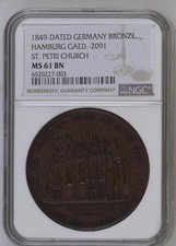 1849-DATED GERMANY HAMBURG GAED.-2091 ST. PETRI CHURCH BRONZE NGC MS 61 BN