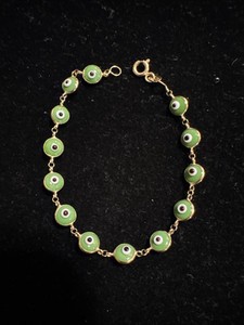 14K Yellow Solid Gold 6" Children's New Green Color Evil Eye Bracelet 2.3g