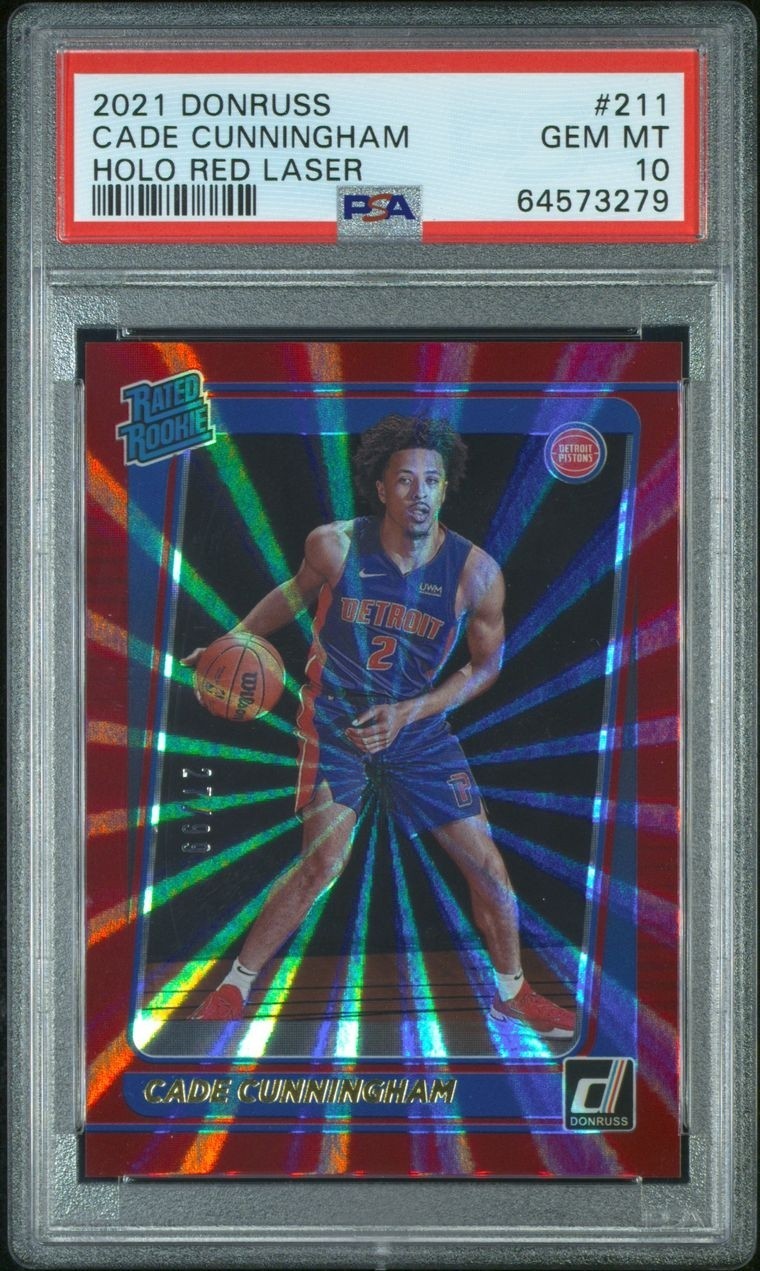 2021 PANINI DONRUSS #211 CADE CUNNINGHAM 27/99 HOLO RED LASER RC PSA 10 POP 16