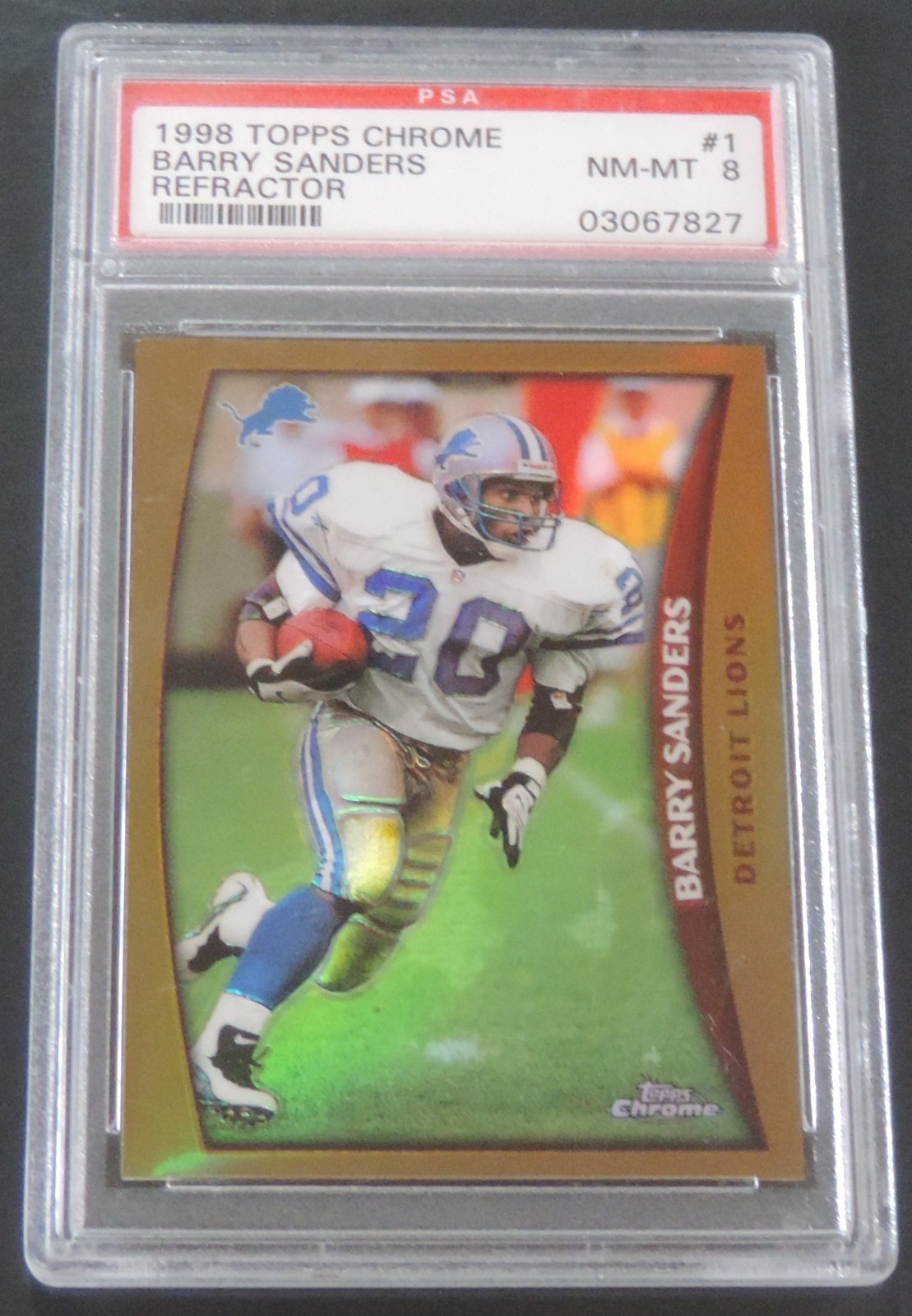 1998 TOPPS CHROME BARRY SANDERS REFRACTOR #1 SP LIONS PSA 8