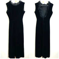 Vintage 70s Old Money Black Tie Velour Velvet Open Back Lace Gown Dress USA 10