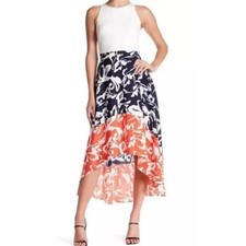 Vince Camuto White Top Blue Coral Floral Chiffon Sleeveless Hi-Low Style Dress 6