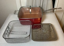 Red Copper 10” Square 4Pc Pan Set Deep Fry Roast Steam Bake Non Stick Cookware