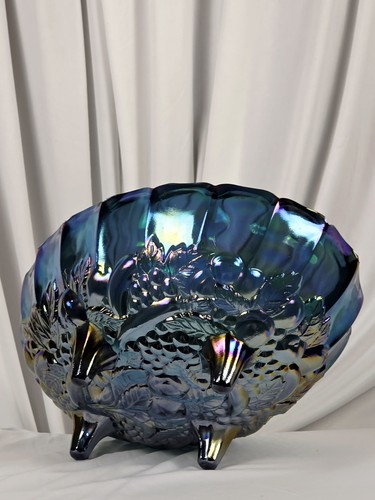 Vtg 12" Indiana Blue Oval Carnival Glass Footed Harvest Fruit Bowl Centerpiece - Picture 10 of 11