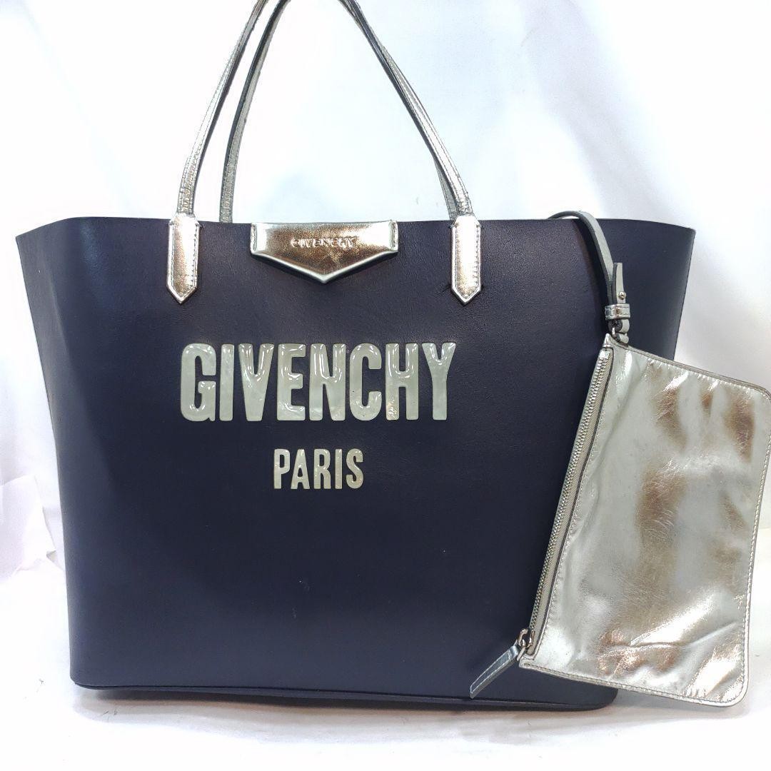 Givenchy Tote Bag Leather and PVC Large Logo A4 Size Shoulder Strap Navy Blue