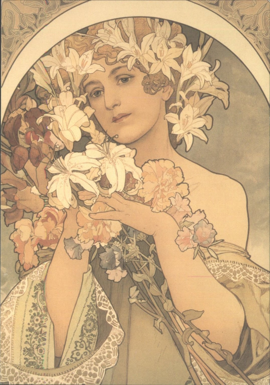 Alphonse Mucha ""Flower"" Art Nouveau Woman Lilies Postcard 2003