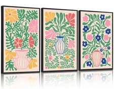 Matisse Flowers Vase Framed Canvas Wall Art(16"x24"), 3 Panels Colorful Boho ...