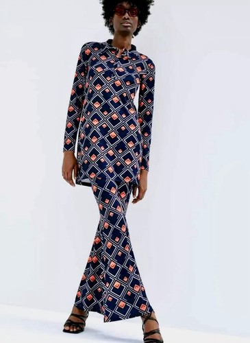 Zara 60s Navy Tunic Top/Dress Flared Trousers Co ord Set Large New With Tags